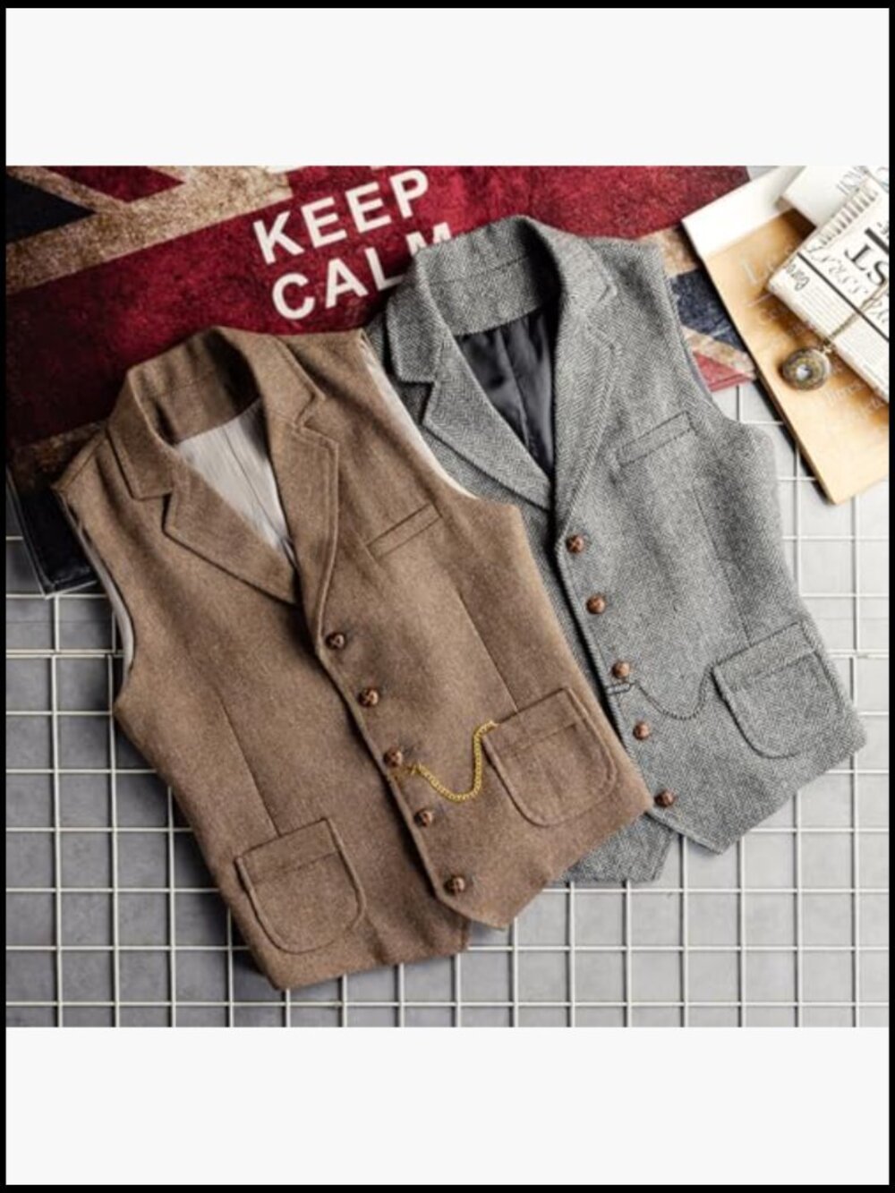 Wool Blend Tweed Vest Western Herringbone Waistcoat for Groomsman - Picture 2 of 6